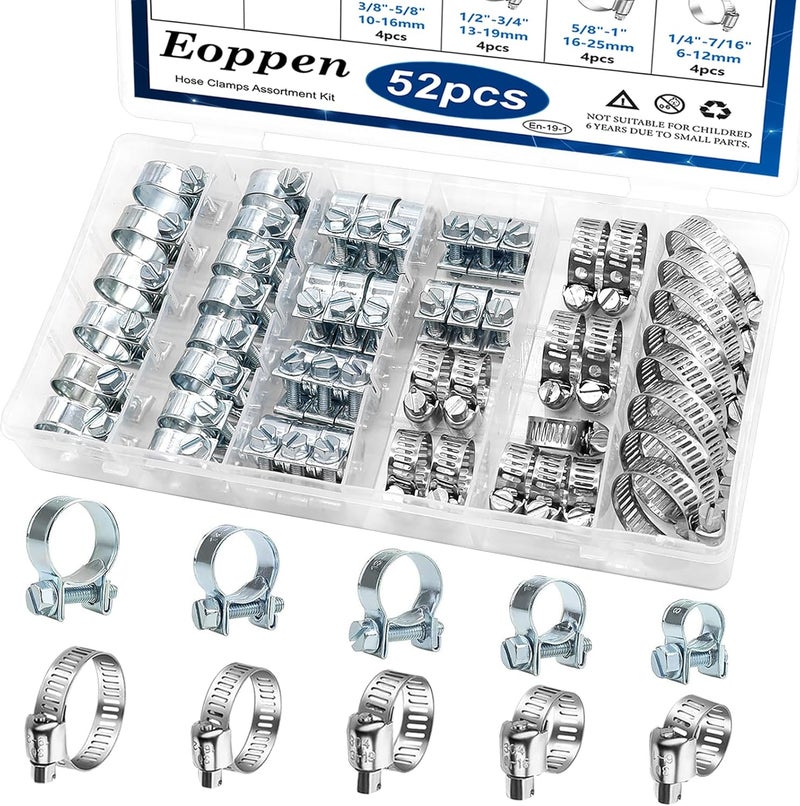 Eoppen 52Pcs Fuel Line Clamp Assortment Kit, 8-18mm Fuel Injection Gas Line Hose Clamps & Adjustable 1/4Inch - 1-1/8Inch(6-29mm) 304 Stainless Steel Hose Clamp for Automotive, Fuel Line(10 Sizes) - Image 1